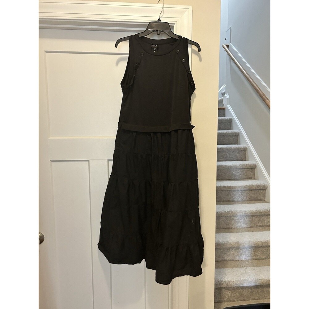 Women’s Large Ribbed Black Tank Midi Dress Fitted Waist Tiered Skirt Minimalist